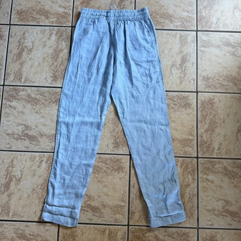 H&M 100% Linen Pants Womens XS Blue Drawstring Elastic‎ Waist Casual Lightweight